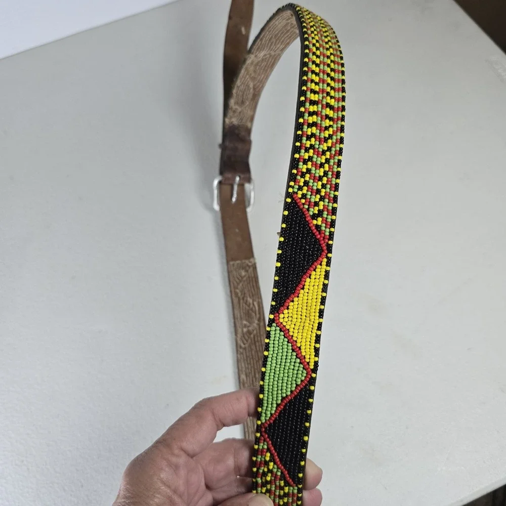 Vintage‎ Beaded Handmade Leather Belt 40
